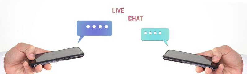 Online chat chatting on application communication digital media website and social network. Two opposing smartphones chat with each other.