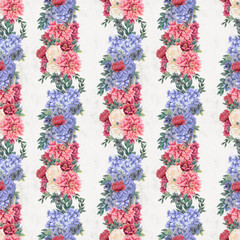 Watercolor floral seamless pattern. Hand painted flowers, greeting card template or wrapping paper