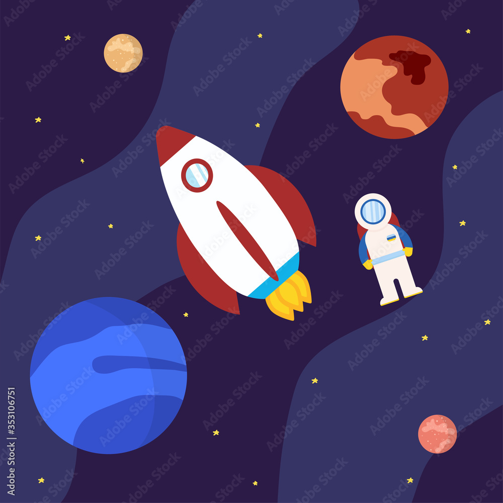 Wall mural rocket with astronaut and planets in outer space illustration cartoon style and flat color launch to