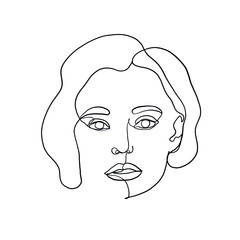 Woman face drawn one continuous line. Fashion concept. Woman beautiful face in minimal style. Abstract linear silhouette. Simple icon, logo. Vector illustration