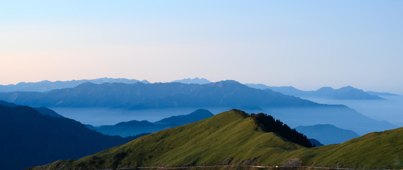 Panoramic of Hehuanshan Mountain Peak, Taiwan, Taroko National Park with fog and clean fresh air