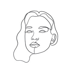Woman face drawn one continuous line. Fashion concept. Woman beautiful face in minimal style. Abstract linear silhouette. Simple icon, logo. Vector illustration