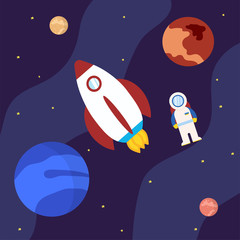 Rocket with astronaut and planets in outer space illustration cartoon style and flat color launch to the space. Rocket astronaut icon logo design