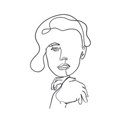 Female head silhouette drawn in one continuous line. Linear glamour logo in minimal design for hair stylist, makeup artist, beauty salon and cosmetology.