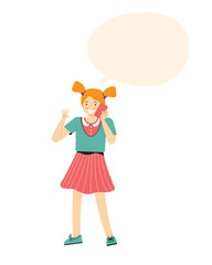 Happy teenage girl talking on her smartphone. Phone conversation. Schoolgirl calling by telephone. Female cartoon character. Dialog bubble for text. Remote communication. Flat vector illustration.