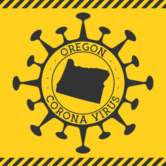 Corona virus in Oregon sign. Round badge with shape of virus and Oregon map. Yellow us state epidemy lock down stamp. Vector illustration.