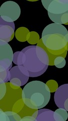 Multicolored translucent circles on a dark background. Green tones. 3D illustration