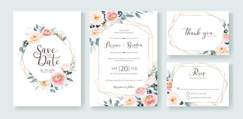 Wedding Invitation, save the date, thank you, rsvp card Design template. Vector. Ranunculus and white rose with greenery