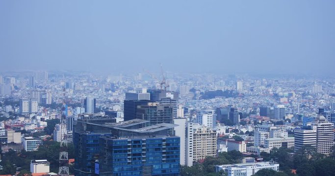 A high angle view of cityscape at the downtown in Ho Chi Minh daytime panning
