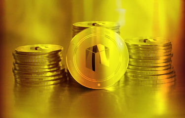 Neo digital crypto currency. Stack of golden coins. Cyber money. - 353107377