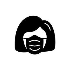 Woman face with mask icon vector in trendy black flat style isolated on white background. illustration for medical banner, poster and web design. Coronavirus bacteria covid-19 concept