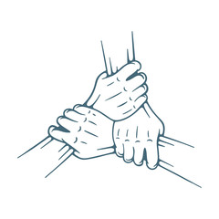 Join hands together. Three hands holding each other isolated on white background. Teamwork concept hand drawing vector illustration. Part of set.