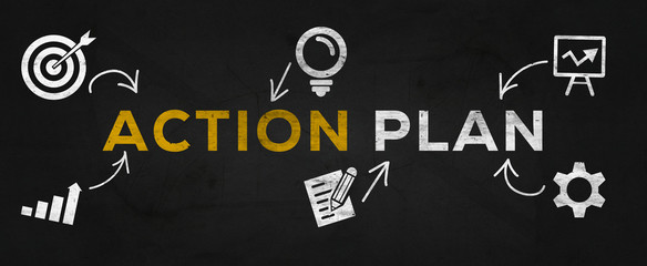 Creative Illustration text Design (action plan) on dark asphalt texture.