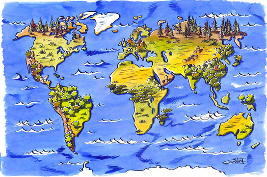 world map, geographical, with relief continents and areas of vegetation, mountains or plains, and the different seas and oceans.