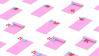 Yoga class settings, with yoga mats, yoga bricks and dumbbells on a floor