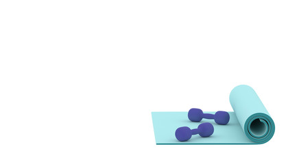 Yoga mat with dumbbells and water bottle. Yoga banner background