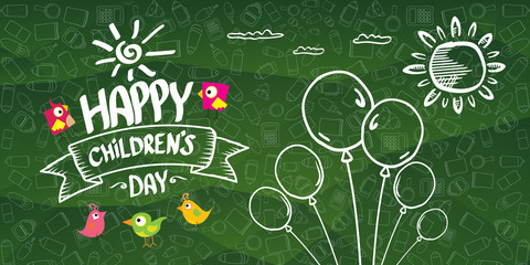 international childrens day cartoon doodle style green horizontal banner background. happy Children day greeting cad, icon or label. Cartoon kids day poster. Children day hand drawn banner design