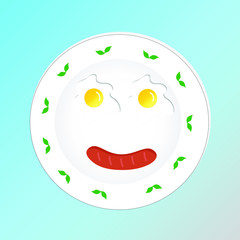 Morning breakfast top view. fried egg and sausage. Vector illustration