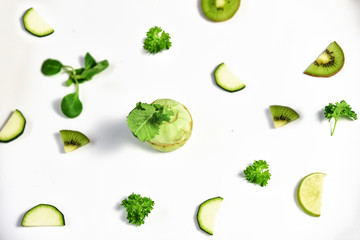 Background with green fruits and vegetables