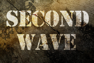 SECOND WAVE in stencil letters  on a textured grunge background with abstract covid-19 or coronavirus illustration. Video title screen, podcast or web background, poster or infographic.