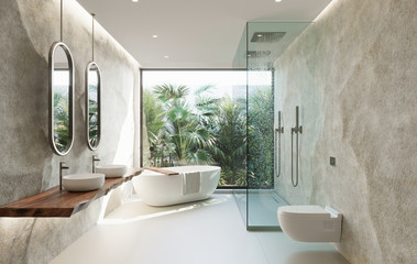 3d Tropical bathroom with stone walls and contemporary minimal design with jungle view