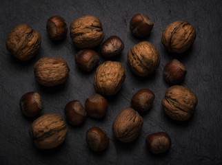 
A few walnuts and hazelnuts brown on a black slate background. Square format.