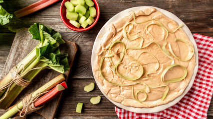 tasty rhubarb yeast cake. Cooking rhubarb. Food recipe background
