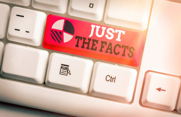 Writing note showing Just The Facts. Business concept for to have the correct information about the...