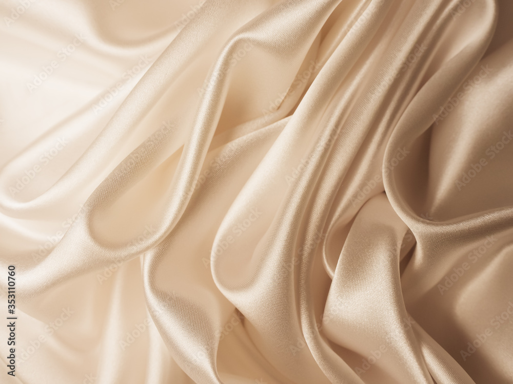 Wall mural beautiful smooth elegant wavy beige / light brown satin silk luxury cloth fabric texture, abstract b
