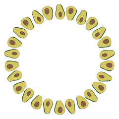 Round frame with yummy avocado on white background. Vector image.