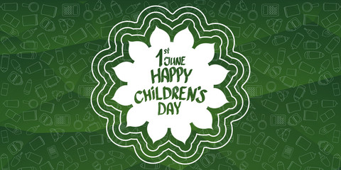international childrens day cartoon doodle style green horizontal banner background. happy Children day greeting cad, icon or label. Cartoon kids day poster. Children day hand drawn banner design