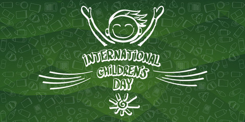international childrens day cartoon doodle style green horizontal banner background. happy Children day greeting cad, icon or label. Cartoon kids day poster. Children day hand drawn banner design