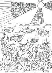 Underwater life coloring book for children and adults. Hand drawn antistress coloring page with fishes,water plants, bottom and bright sun. Vector outline stock illustration. Zen style.