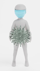 3D Render of Cartoon Character with Face Mask and Coronavirus Model