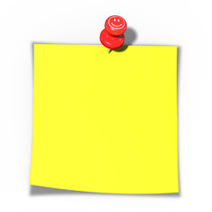 3d Pinnwand Nadel mit Smilie und gelben Notizzettel angepinnt, freigestellt