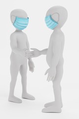 3D Render of Cartoon Characters with Face Mask Handshaking