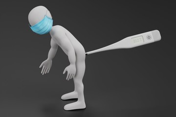 3D Render of Cartoon Character with Face Mask and Thermometer