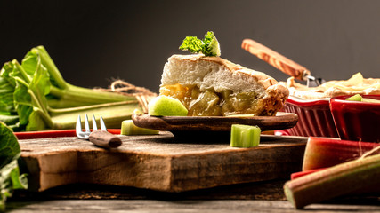 fresh homemade rhubarb cake with meringue on top, banner menu recipe place for text