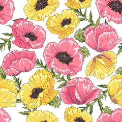 Seamless pattern with poppy flowers and leaves on white background. Vector illustration