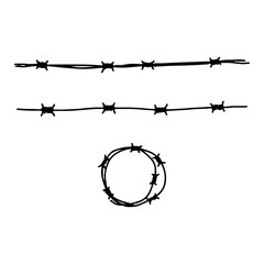 Barbed wire icon. Black contour silhouettes. Hand drawn vector graphic illustration. Isolated object on a white background. Isolate.