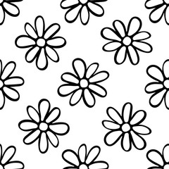 Black contour daisy flowers isolated on white background. Childish cute seamless pattern. Hand drawn vector graphic illustration. Texture.