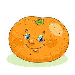 Cute orange mandarin in cartoon style. Isolated on white background. Vector illustration.