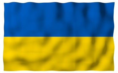 The flag of Ukraine on a white background. National flag and state ensign. Blue and yellow bicolour. 3D illustration waving flag