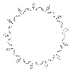 Round frame with leaves on white background. Vector image.