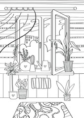 Living room coloring book for children and adults. Hand drawn anti stress coloring page with opened windows, view through the window, home plants on a windowsill. Vector outline stock illustration.