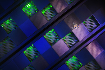Detail of secured server front panel in server room.