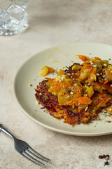 homemade hash brown with vegetables. vertical, close up