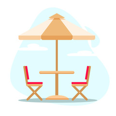 Summer outdoor cafe with table,  umbrella, chairs isolated on blue sky background. Colorful vector illustration in flat style