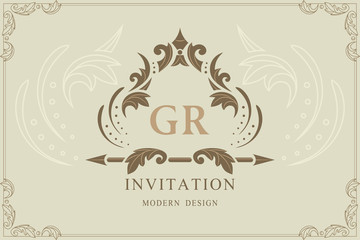Vintage Ornament. Letter G, R. Graceful Emblem. Creative Logo. Frame Template for Greeting Cards, Wedding Invitations, Book Design, Restaurant Menu, Advertising. Place for Text. Vector illustration