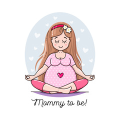 Cute Pregnant Meditating Woman. Waiting for baby vector illustration. Happy beautiful mother to be. Pregnancy card.